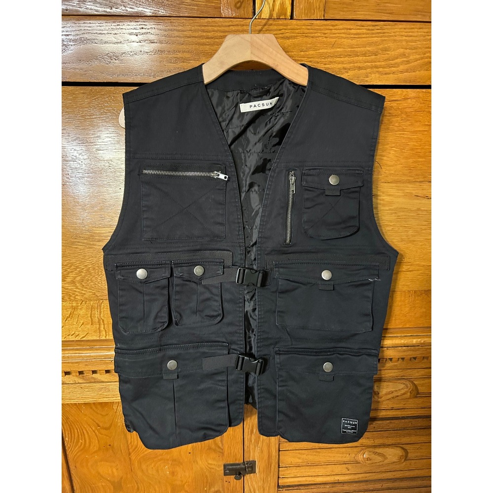 PacSun Mens Y2K Utility Vest Black Multi-Pocket Tactical Cargo Gorpcore Size M